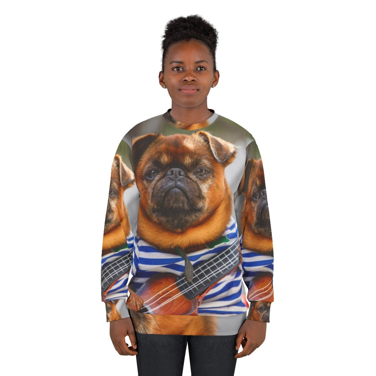 Funny pug dog playing guitar on cozy sweatshirt - women