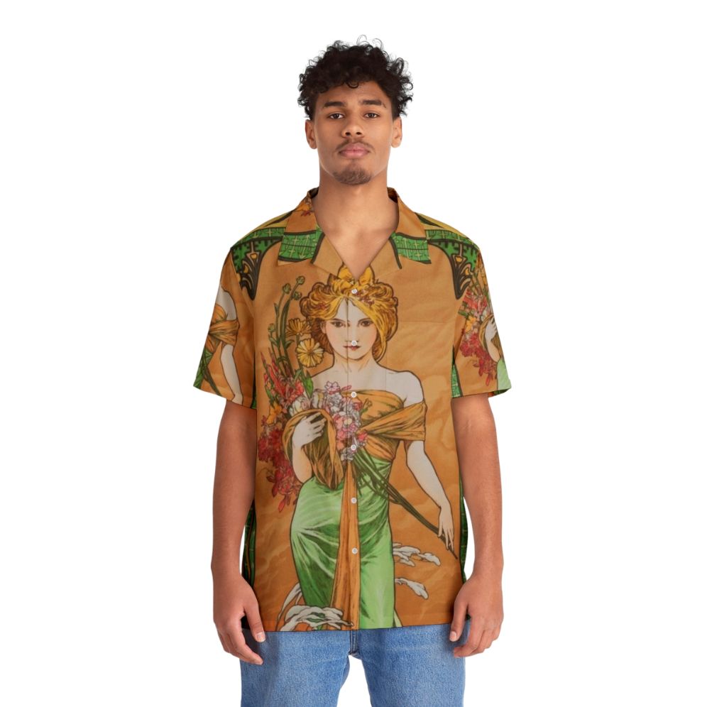 Alphonse Mucha inspired Hawaiian shirt with floral and seasonal designs - Lifestyle