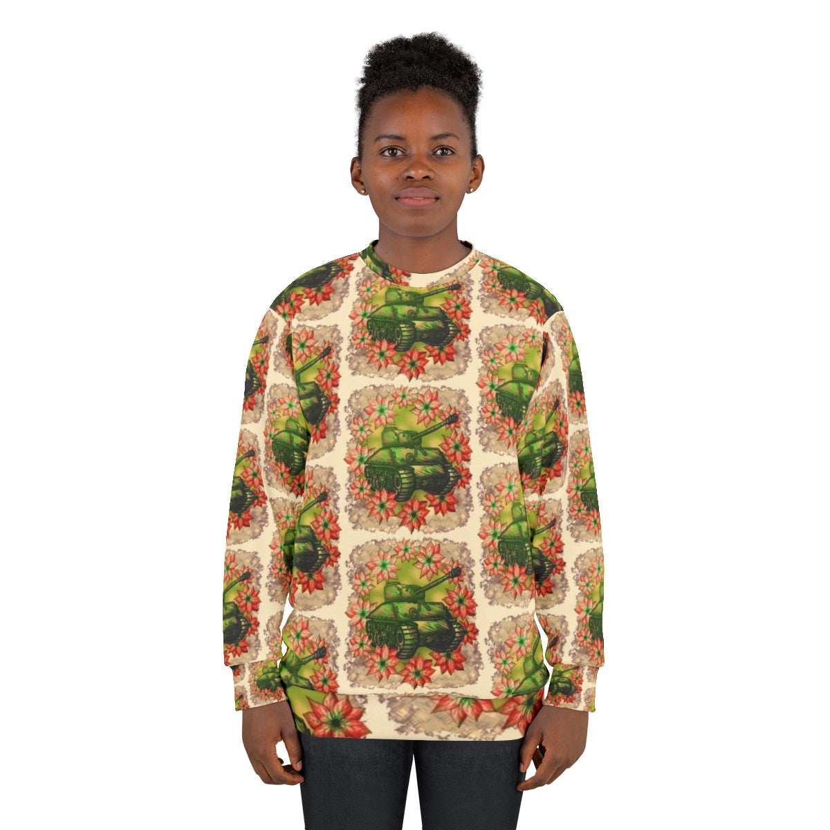 Festive military-inspired Christmas sweatshirt with camouflage pattern and poinsettia print - women