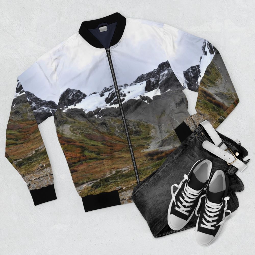 Argentina Ushuaia Bomber Jacket with Patagonia Landscape - Flat lay