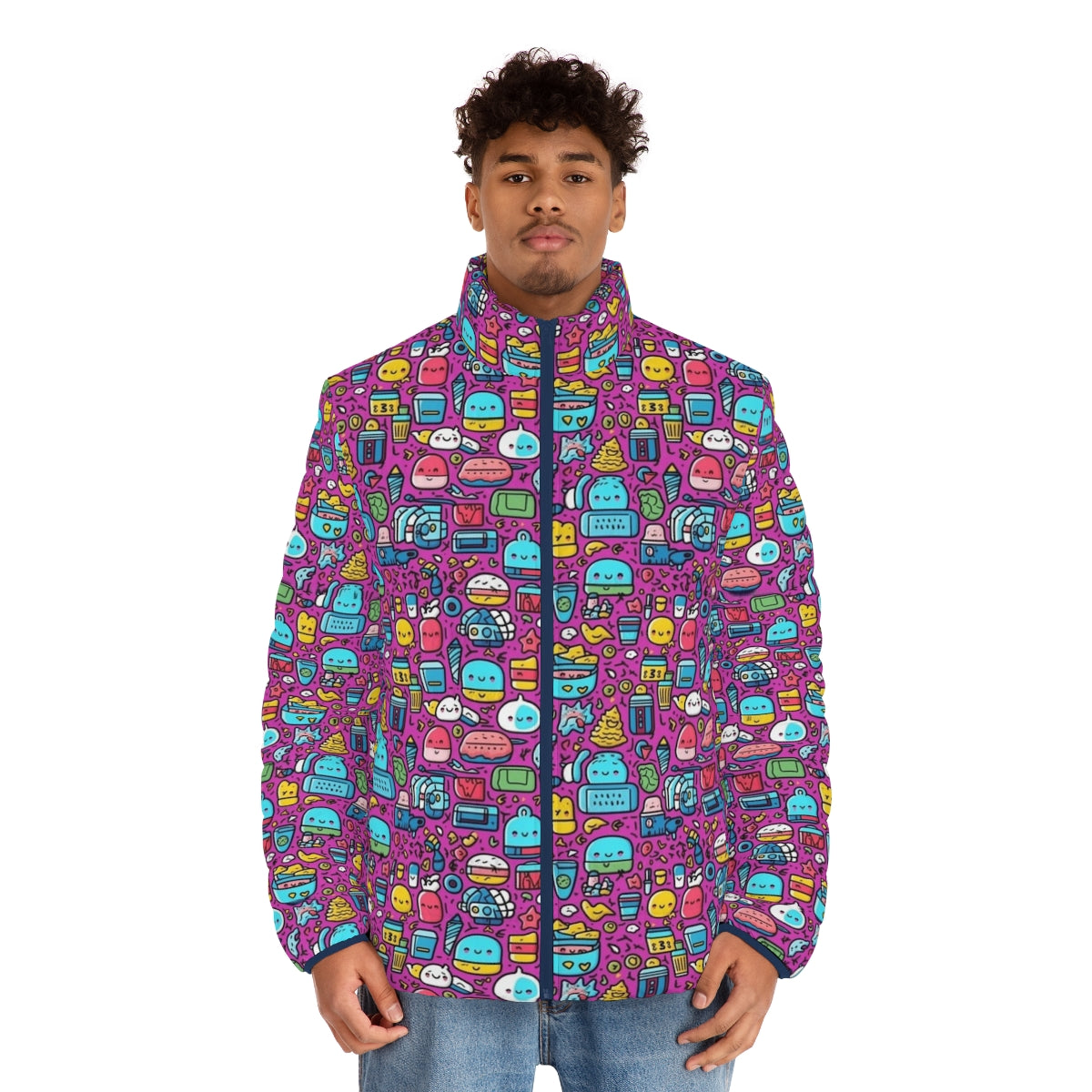 Hobbies cartoon puffer jacket with colorful zoo animal and fruit print - men front