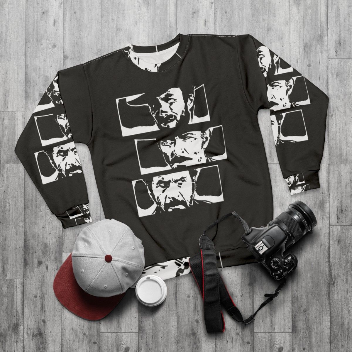 The Good, The Bad and The Ugly Sweatshirt featuring Clint Eastwood, Sergio Leone's classic western - flat lay