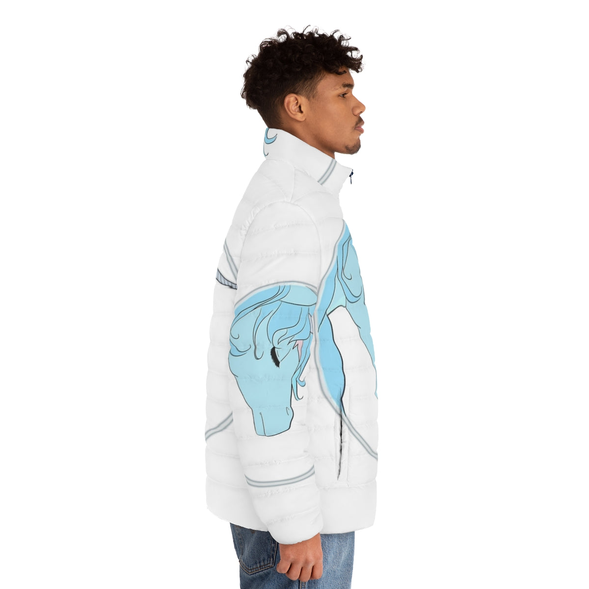 A puffer jacket featuring a magical unicorn design, perfect for fantasy fashion lovers. - men side right