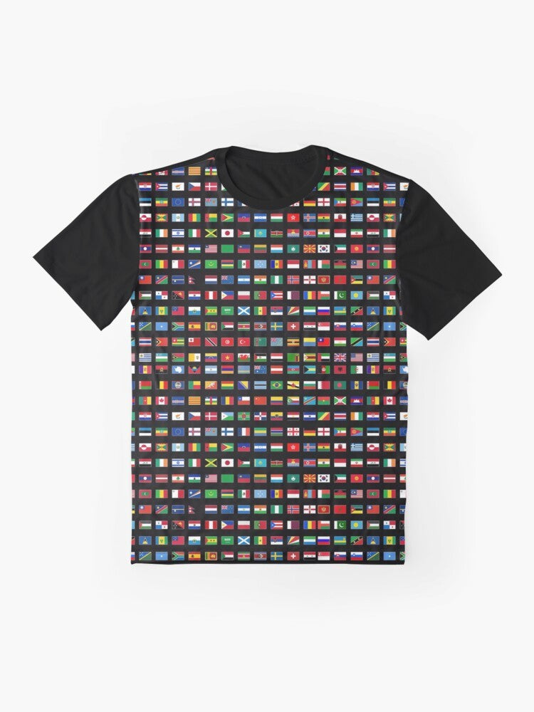 A graphic t-shirt featuring the flags of the world, representing global unity and diversity. - Flat lay