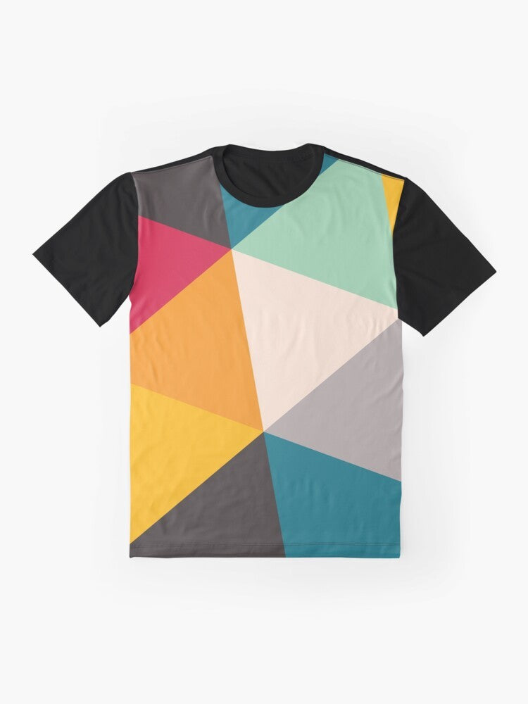 Colourful geometric triangles graphic t-shirt with abstract triangle patterns - Flat lay