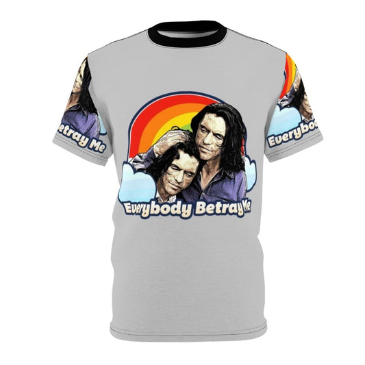 "Everybody Betray Me" t-shirt design inspired by the cult classic film "The Room" and its eccentric director Tommy Wiseau.