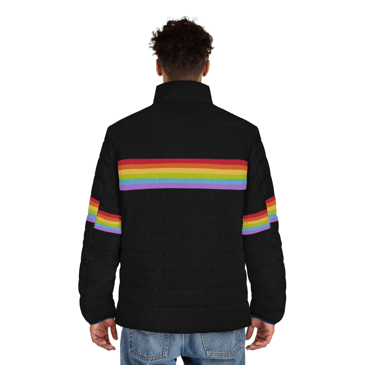 Gay pride puffer jacket with rainbow stripes and bold, colorful design - men back