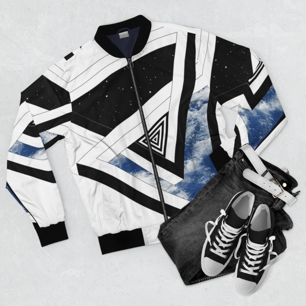 Cosmic Bomber Jacket with Geometric Space-Inspired Design - Flat lay