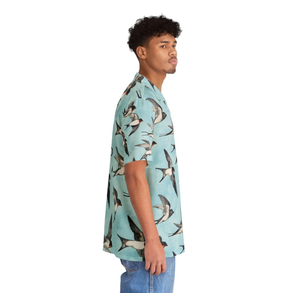 Watercolor Hawaiian shirt with blue sky and flying swallows - People Pight