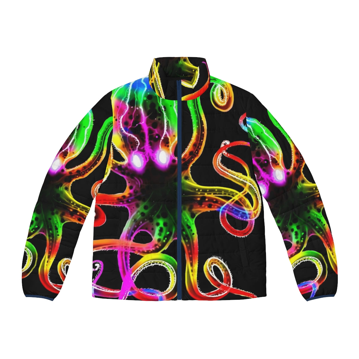 Vibrant rainbow tie-dye puffer jacket with glowing octopus design