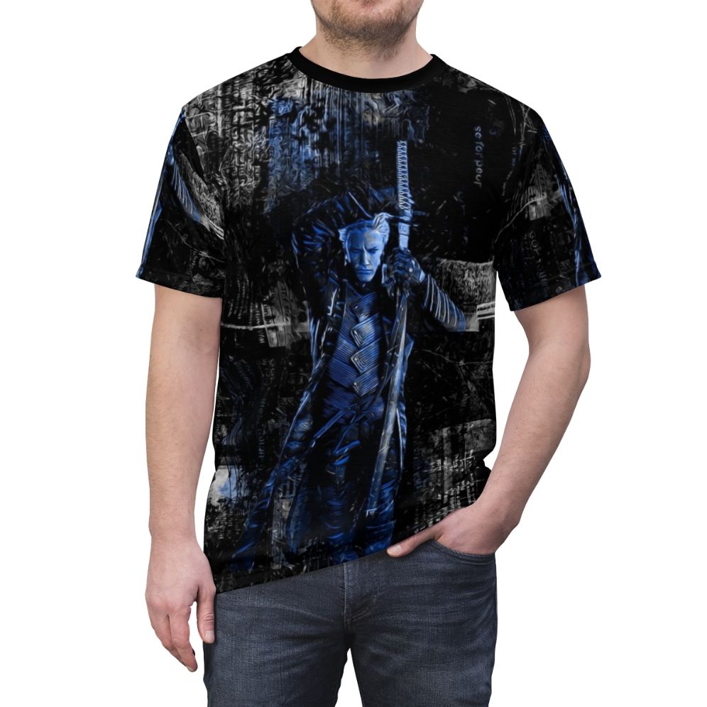 Stylish blue t-shirt featuring a design inspired by the popular video game Devil May Cry - men front