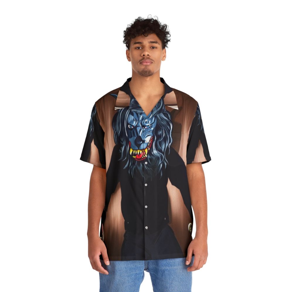 Creepy Peach Print Hawaiian Shirt with Horror Themed Design - People Front