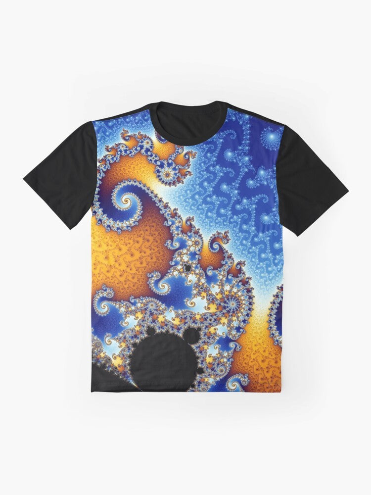 Mandelbrot set fractal design on a t-shirt, featuring mathematics and math jokes - Flat lay