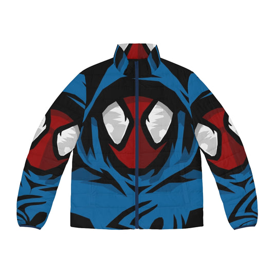 A red and blue puffer jacket with a spider-themed design, perfect for Marvel fans and web-slingers.