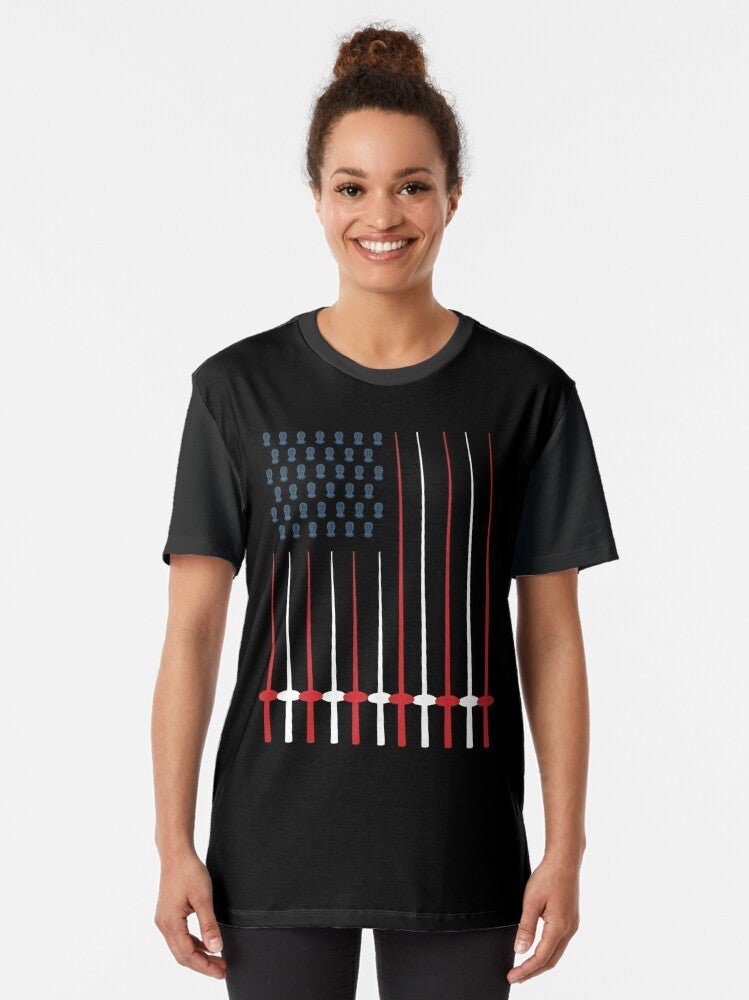 Patriotic fencing USA flag graphic t-shirt design with sword and fencing elements - Women