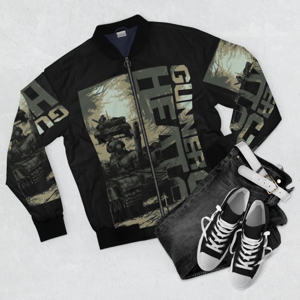 GHPC T-72 Tank Convoy Bomber Jacket with military and tactical design elements - Flat lay