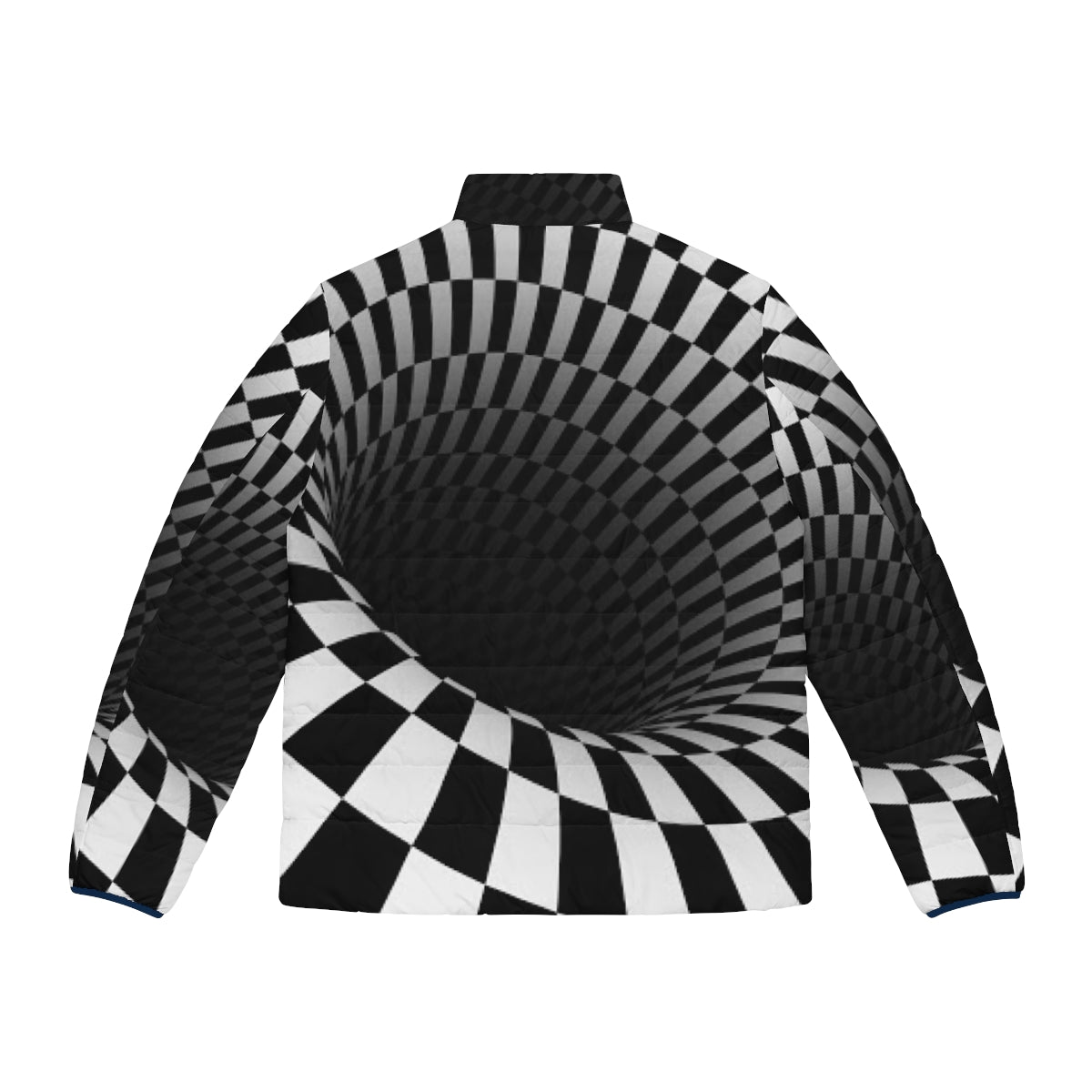 A black and white puffer jacket with an optical illusion checkerboard pattern - Back