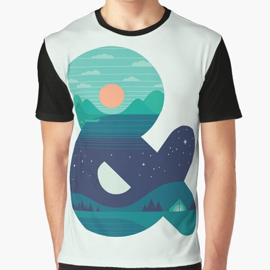 Minimalist graphic t-shirt design with adventure and nature motifs from The Paper Crane brand