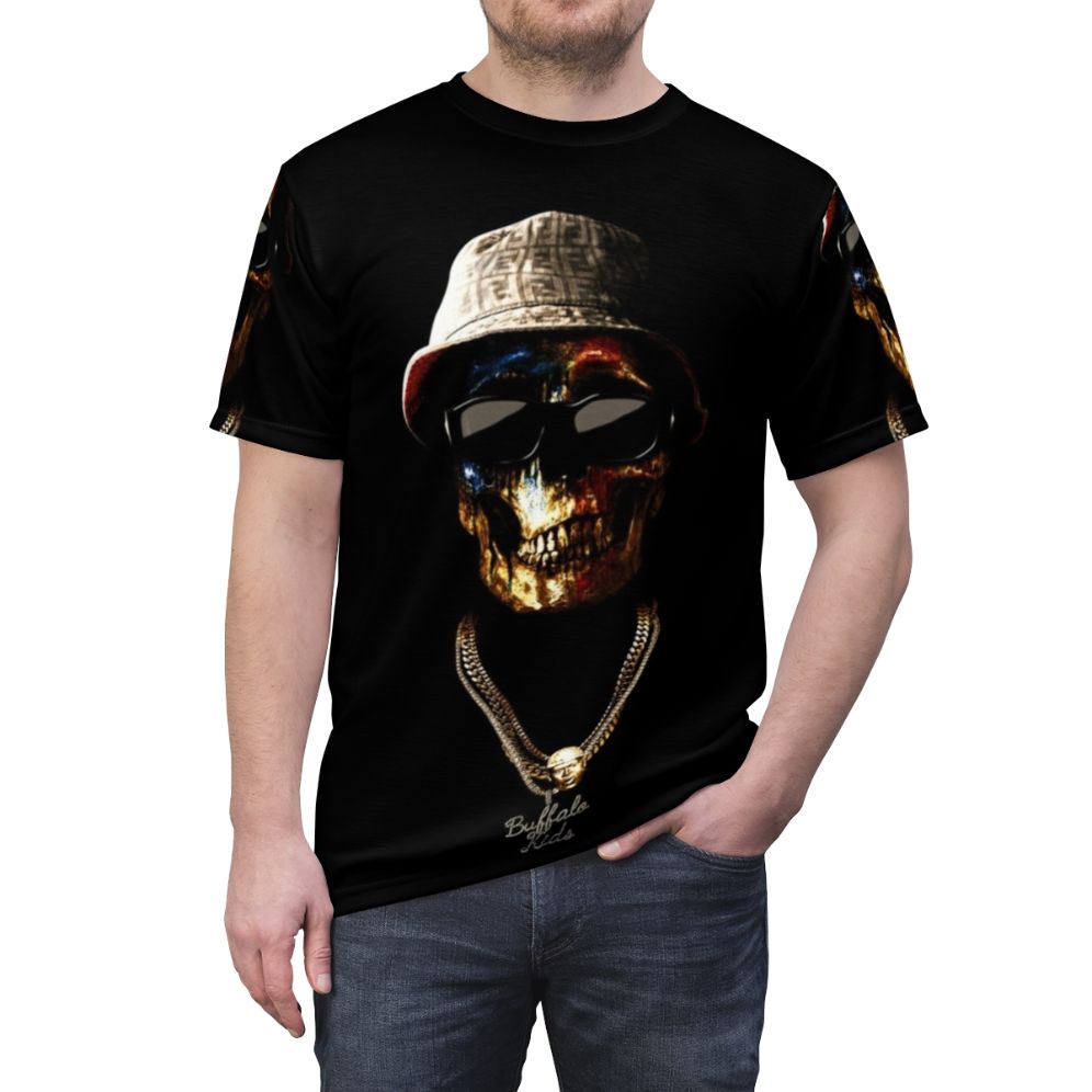 Skull face graphic t-shirt design inspired by hip hop artist Conway the Machine and Griselda Records - men front