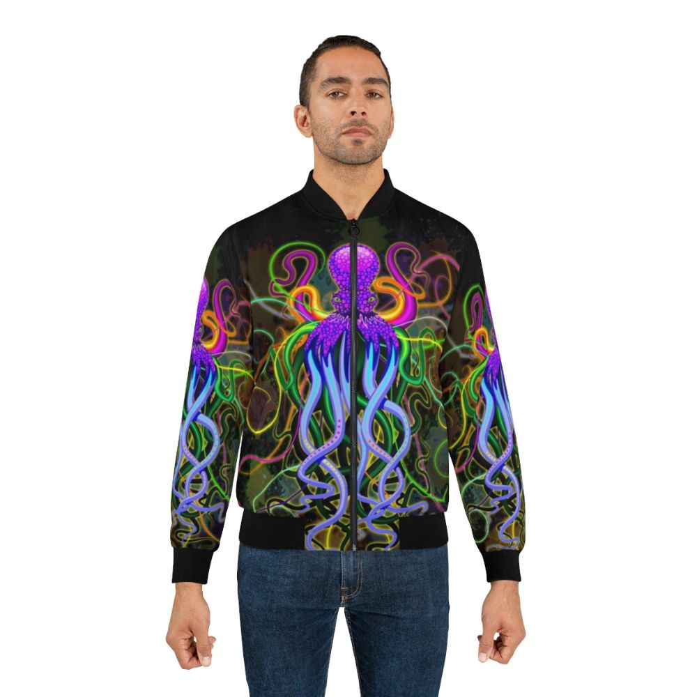 Colorful psychedelic octopus design on a bomber jacket with luminescent effects - Lifestyle