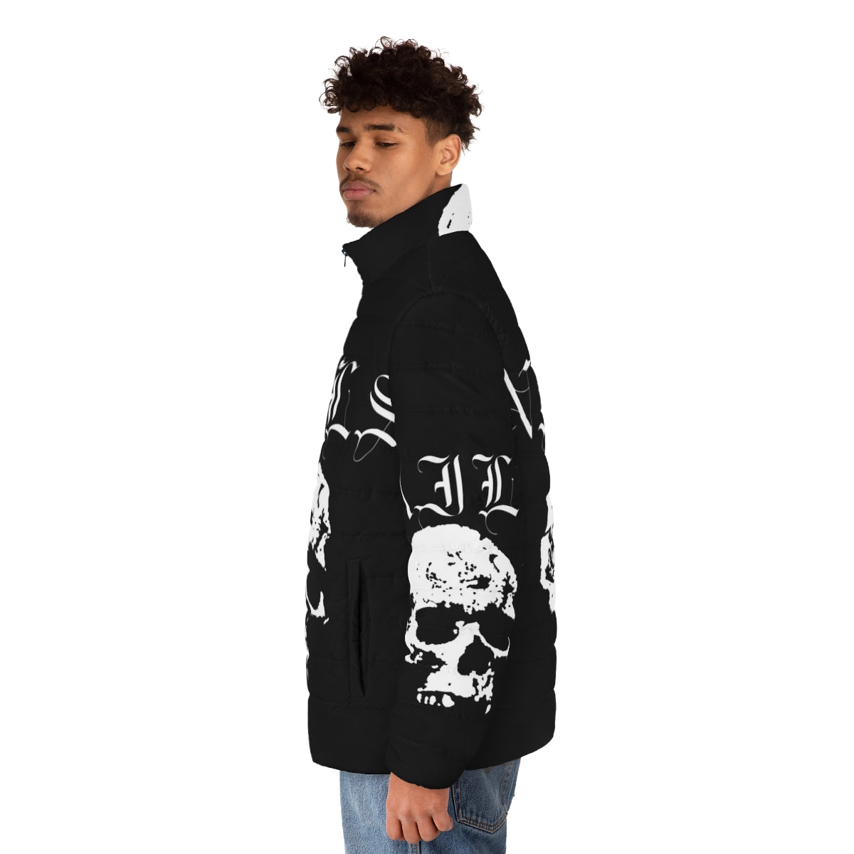 Nails hardcore punk band white puffer jacket featuring skull and edgy design - men side left