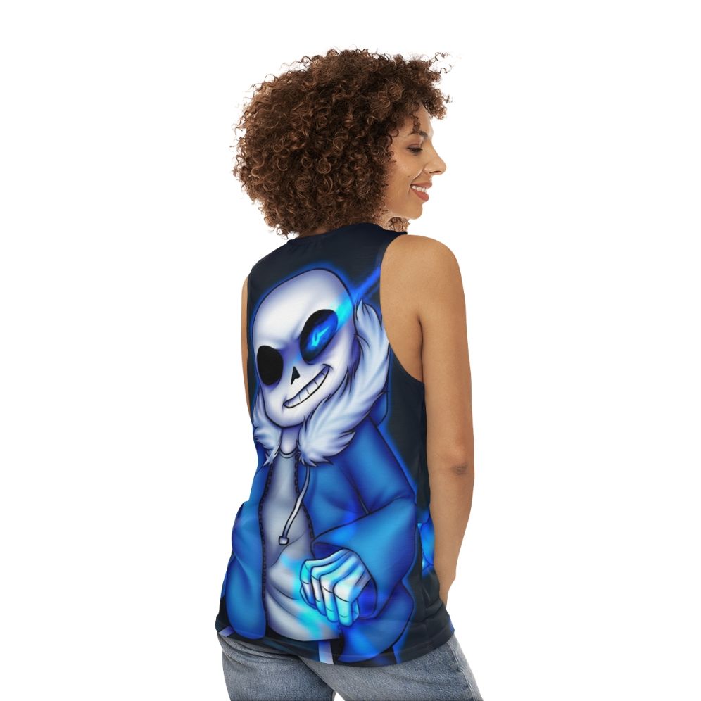 Glowing blue-eyed Sans skeleton unisex tank top - women back