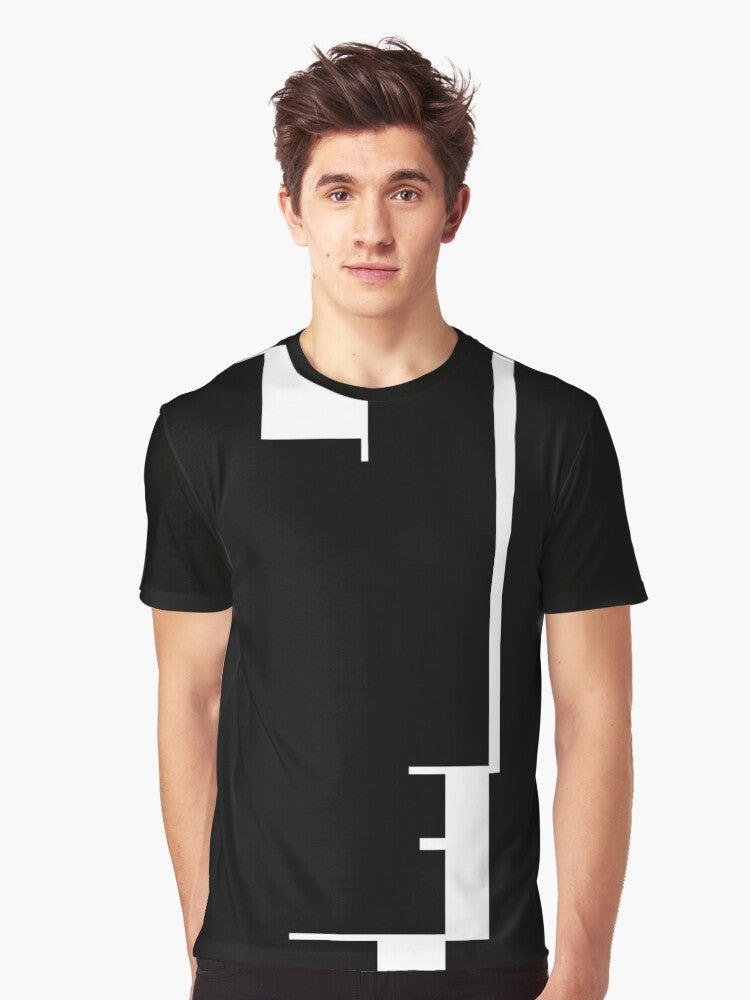 Graphic t-shirt featuring a modernist Bauhaus design with a black and white profile of a man's face, representing the Bauhaus movement's focus on gestalt and constructivism. - Men