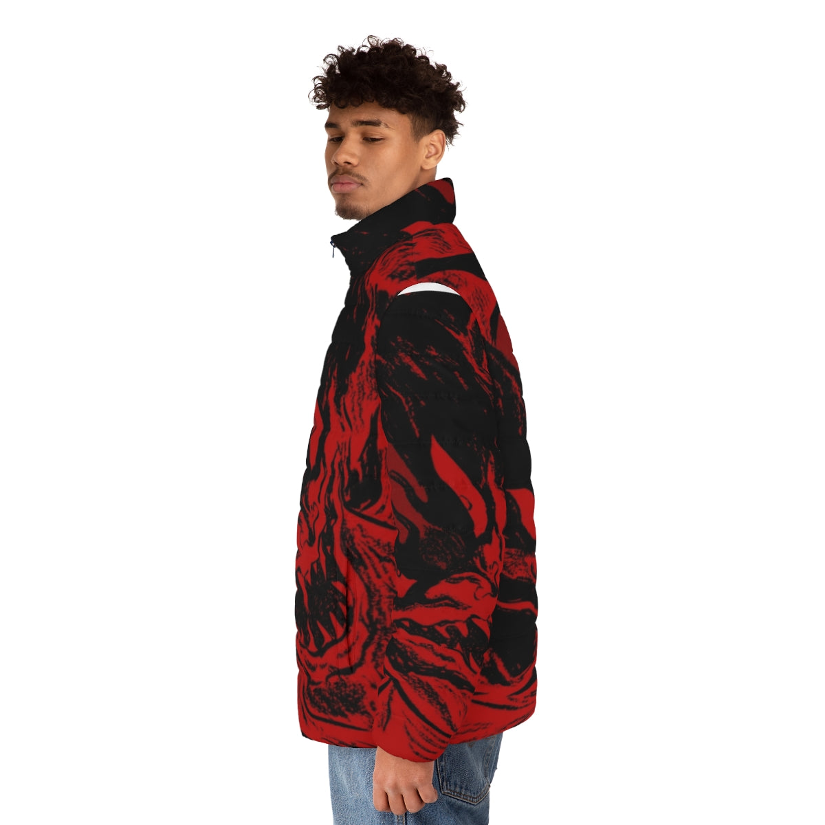 Devilman Crybaby Puffer Jacket featuring the iconic Devilman character from the Netflix anime series - men side left