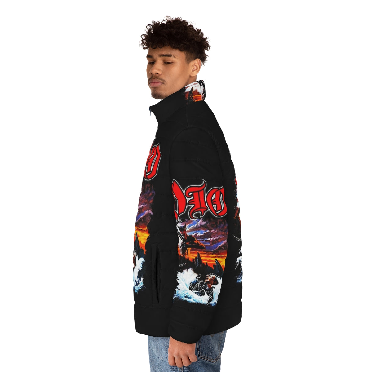 Dio-inspired puffer jacket with heavy metal design - men side left