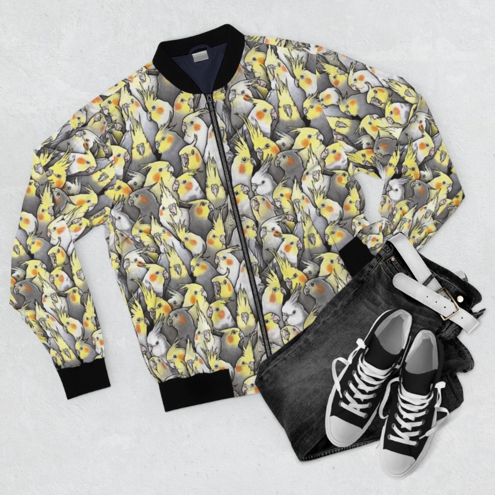 Cockatiel bird printed on a stylish bomber jacket - Flat lay