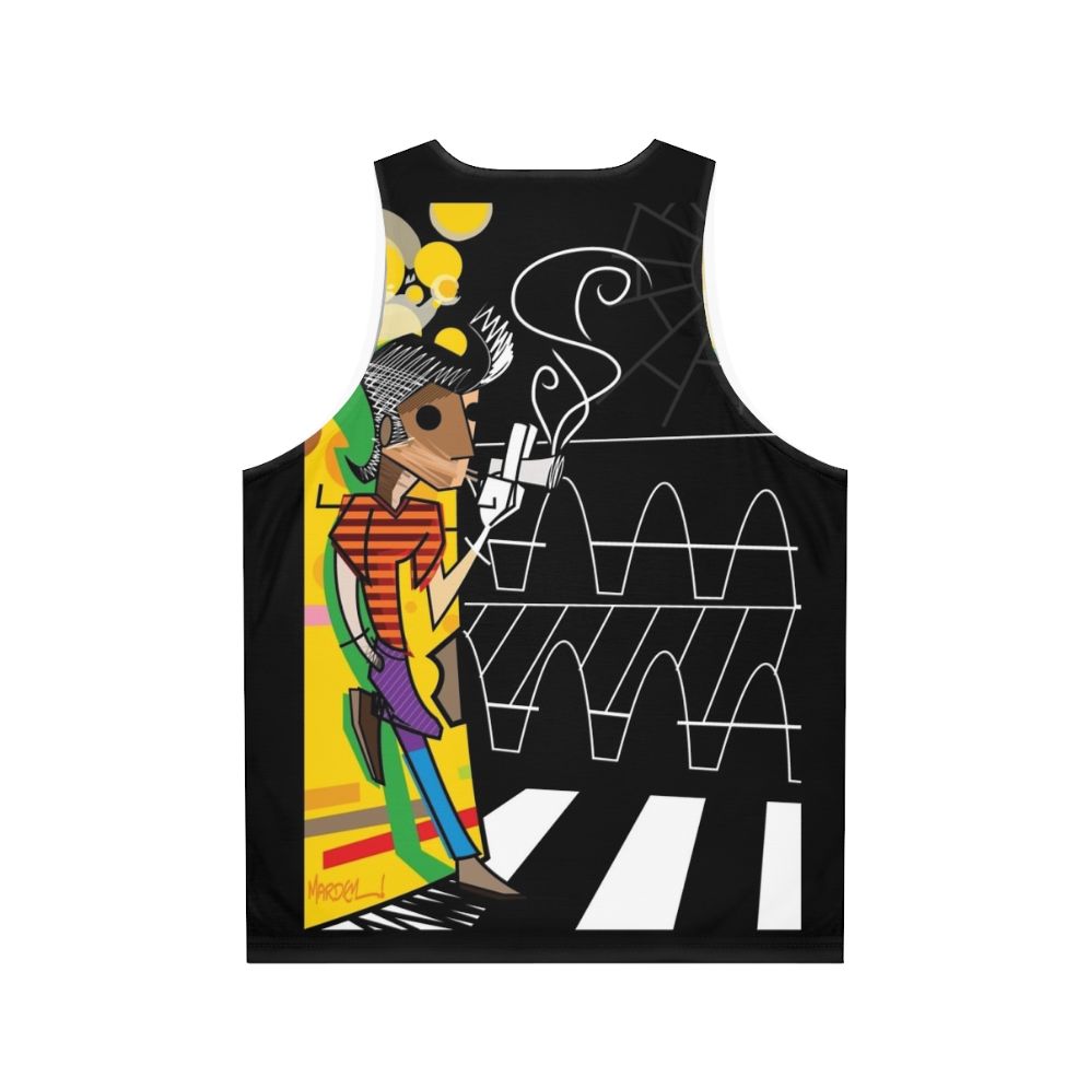 Colorful unisex tank top with pop art "The Trickster" design - Back