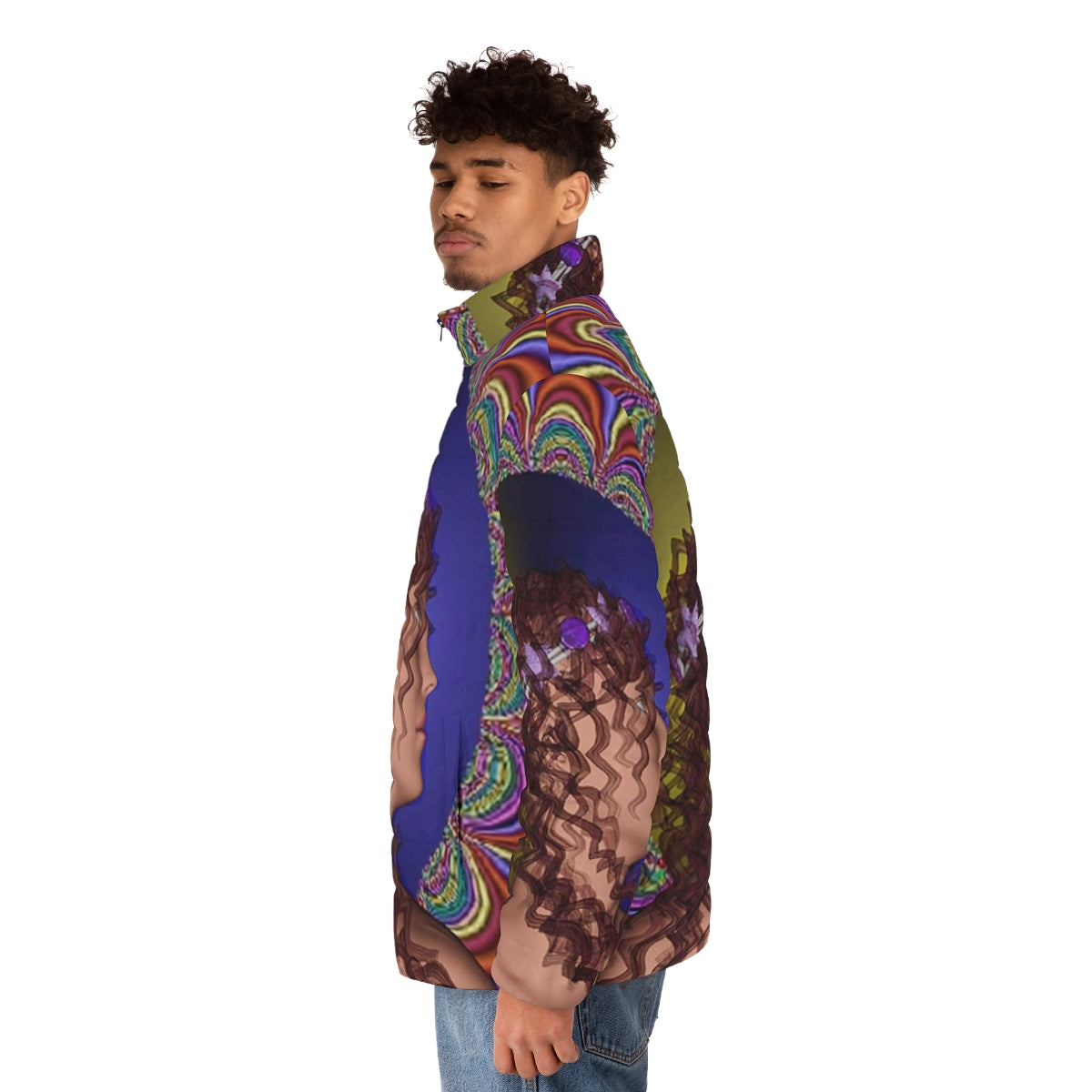 Romantic Puffer Jacket with Whimsical Fantasy Patterns - men side left