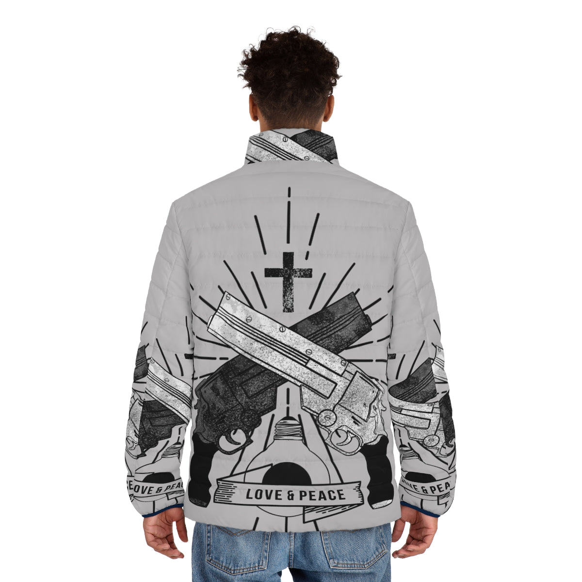 Trigun anime-inspired puffer jacket with "Love and Peace" design - men back