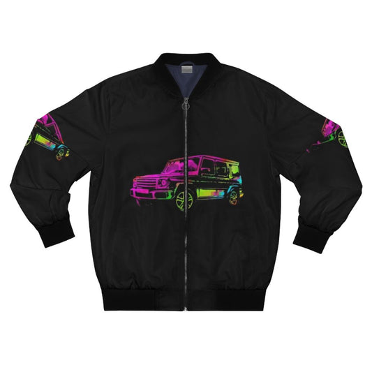 Psychedelic and colorful abstract design bomber jacket featuring a G Wagon off-road vehicle.