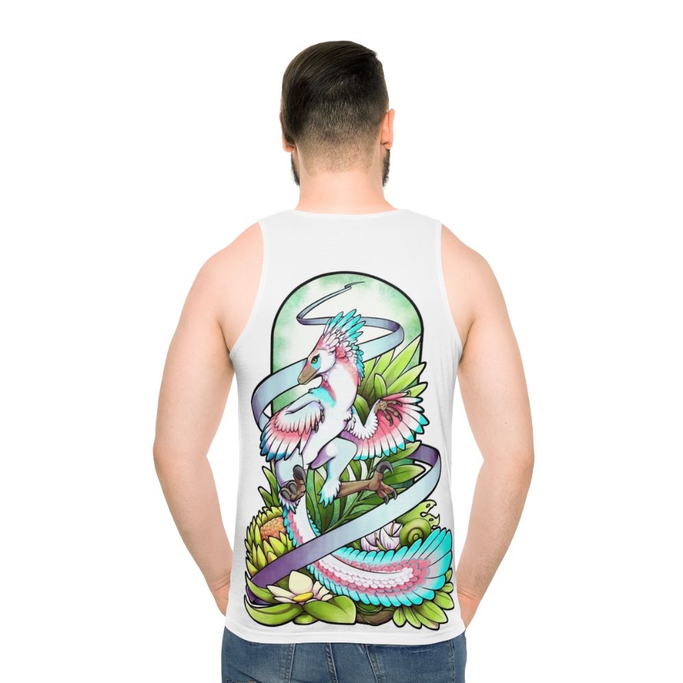 Dinosaur raptor unisex tank top with nature forest jungle design - men back