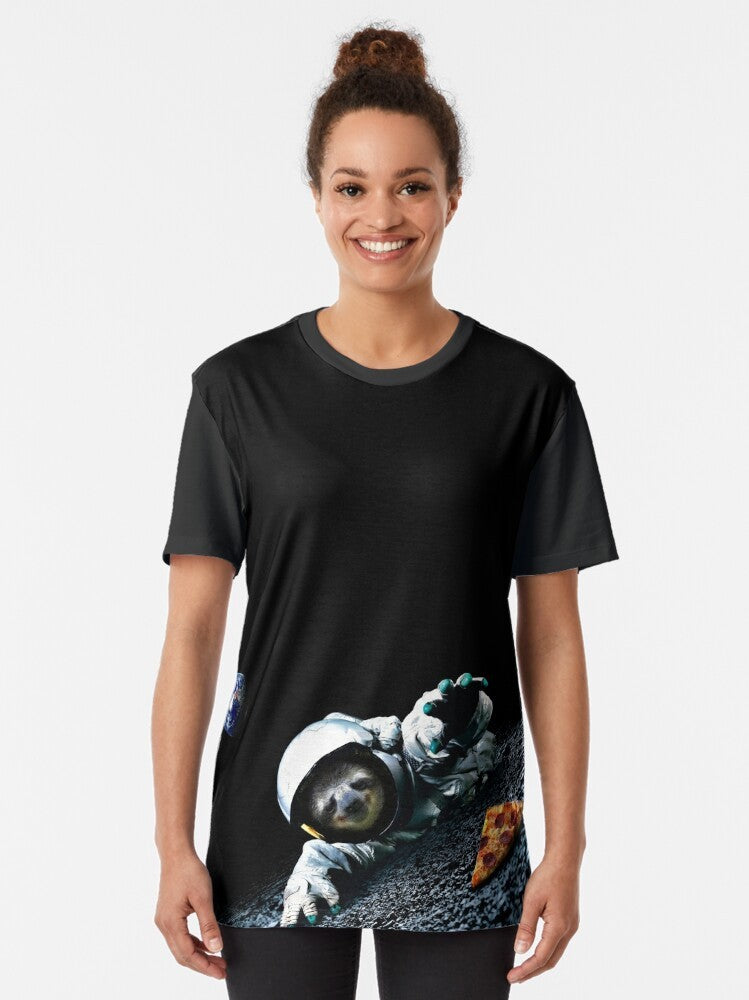 Slothstronaut graphic t-shirt featuring an astronaut sloth floating in space with a pizza slice - Women