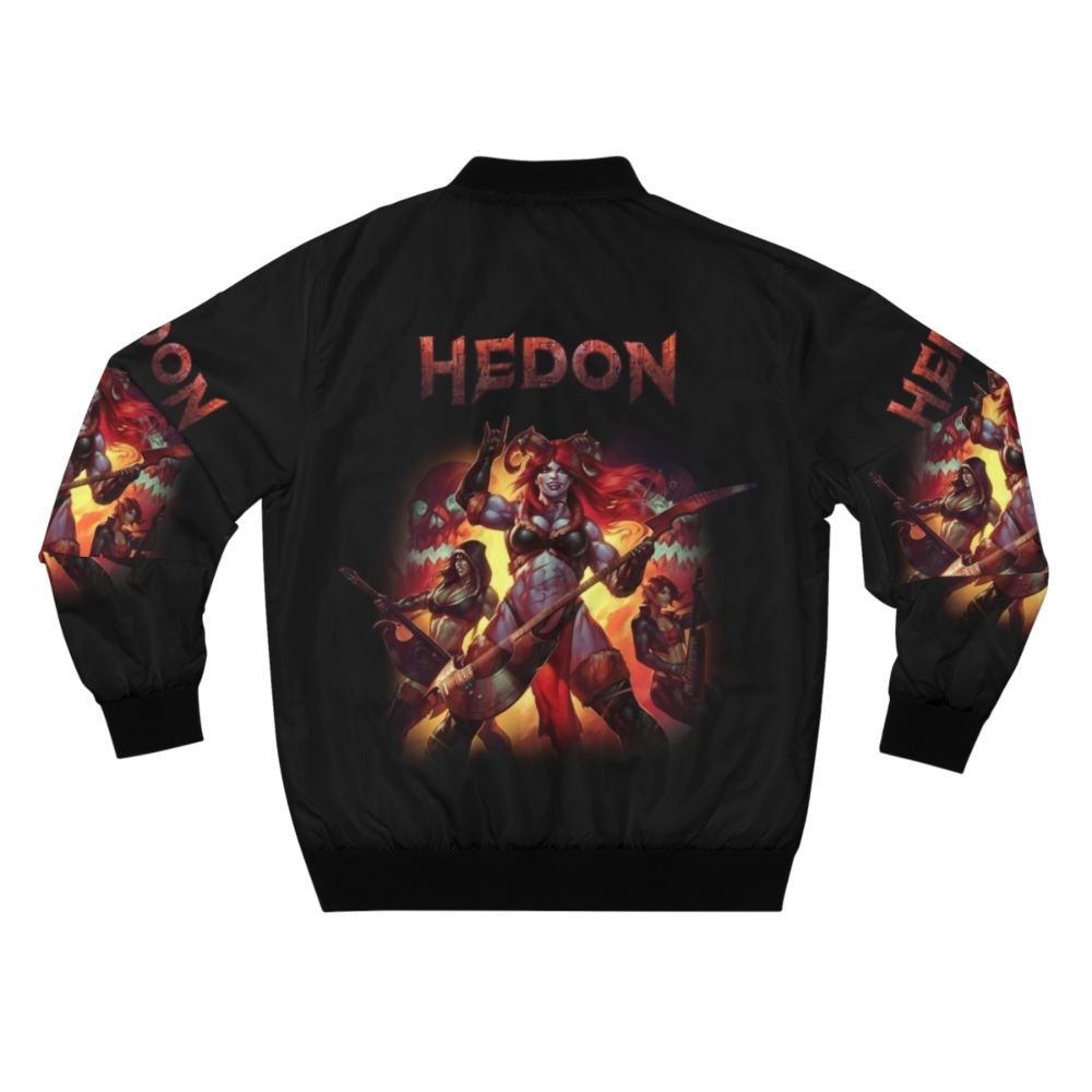 Retro fantasy HEDON bomber jacket with demon horns, featuring a striking orange and black design with skull and metal elements. - Back