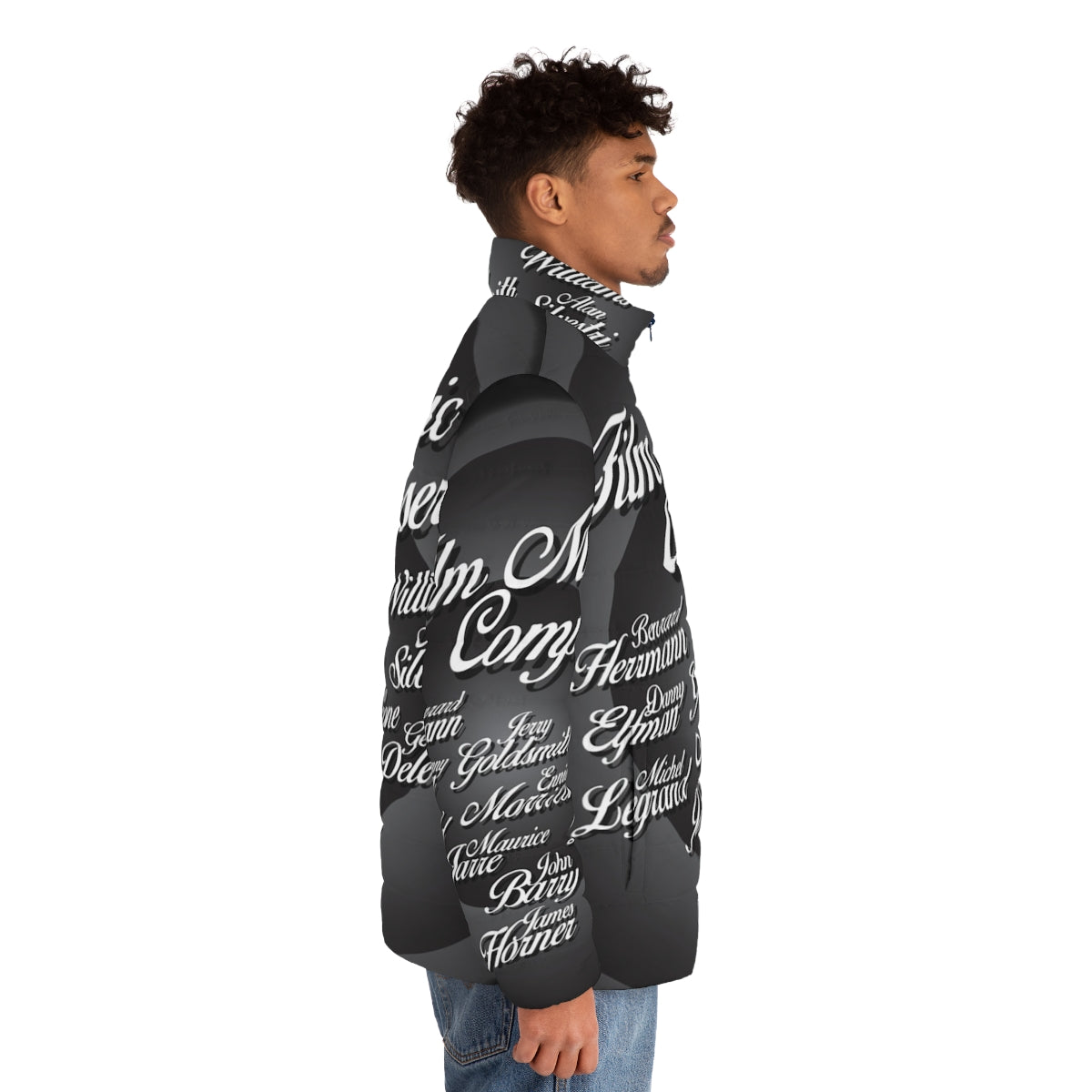 A puffer jacket featuring the names of iconic movie music composers. - men side right