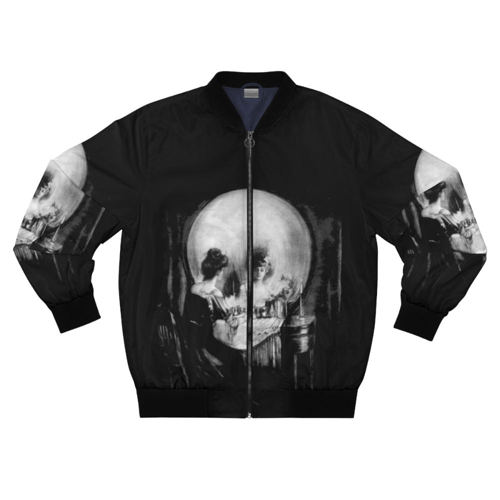 All is Vanity bomber jacket featuring a monochrome skull and skeleton design, inspired by the classic artwork of Charles Allan Gilbert.