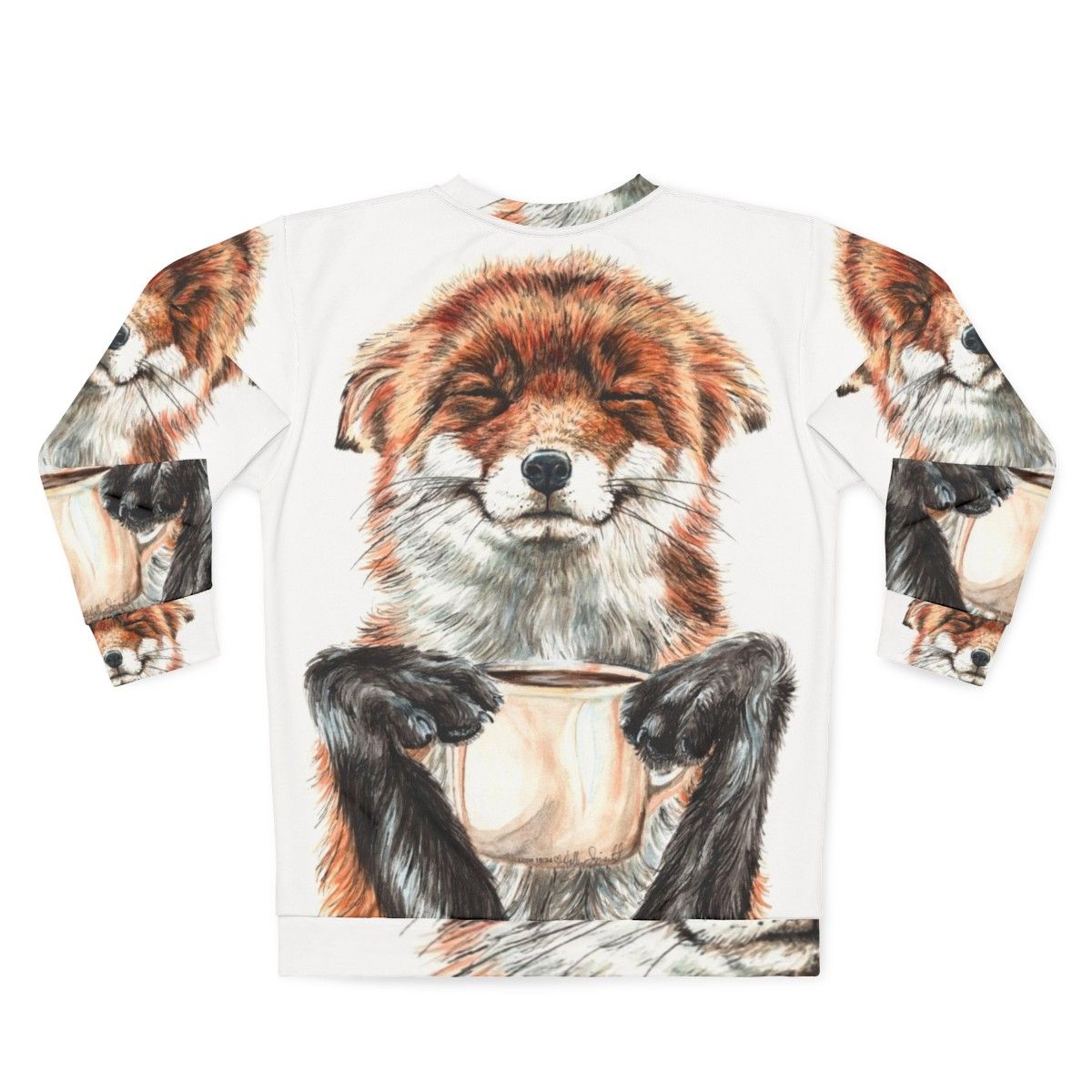 Cute Morning Fox Drinking Coffee Illustration on Sweatshirt - Back