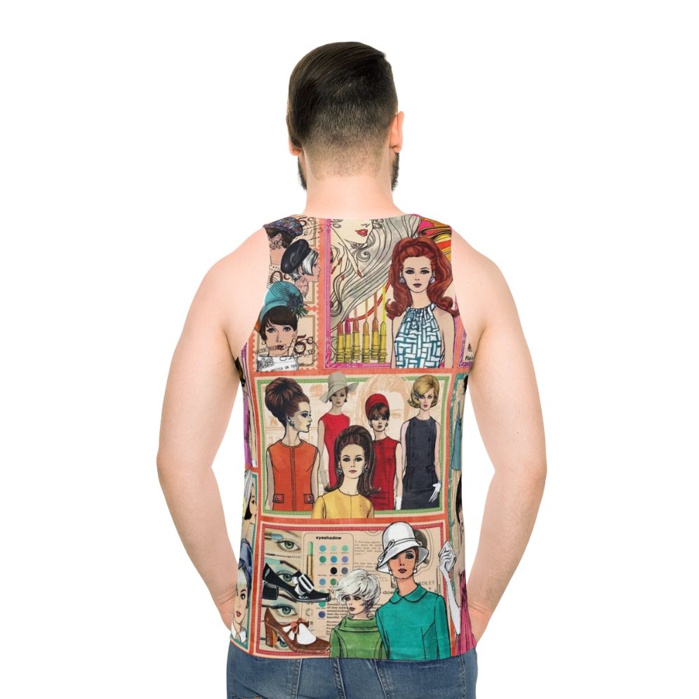 Retro 1960s fashion unisex tank top with collage design - men back