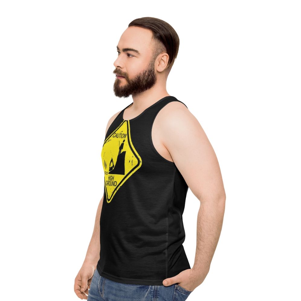 Unisex tank top with 'Caution High Ground' stick figure design - men side