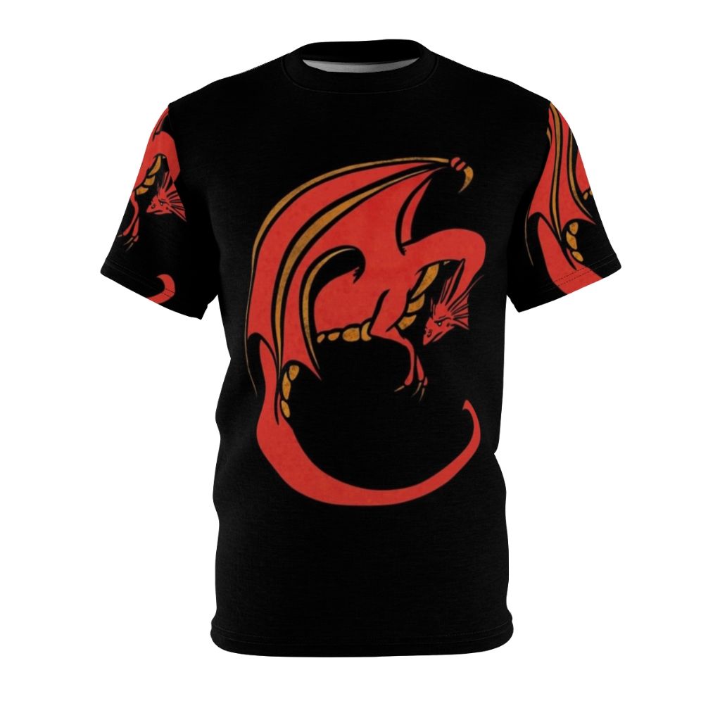 Vibrant red dragon illustration on a high-quality t-shirt for lovers of mythical creatures and fantasy art.