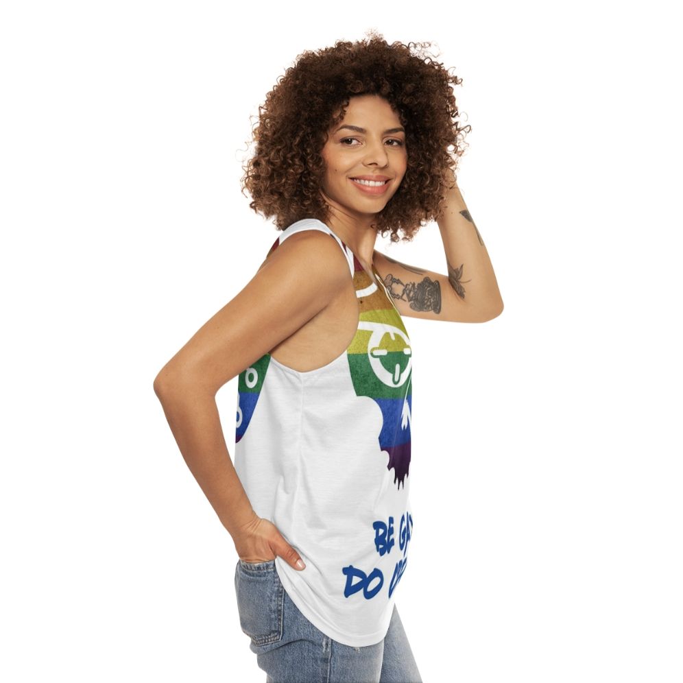 Unisex tank top with "Be Gay Do Crime" graphic - women side