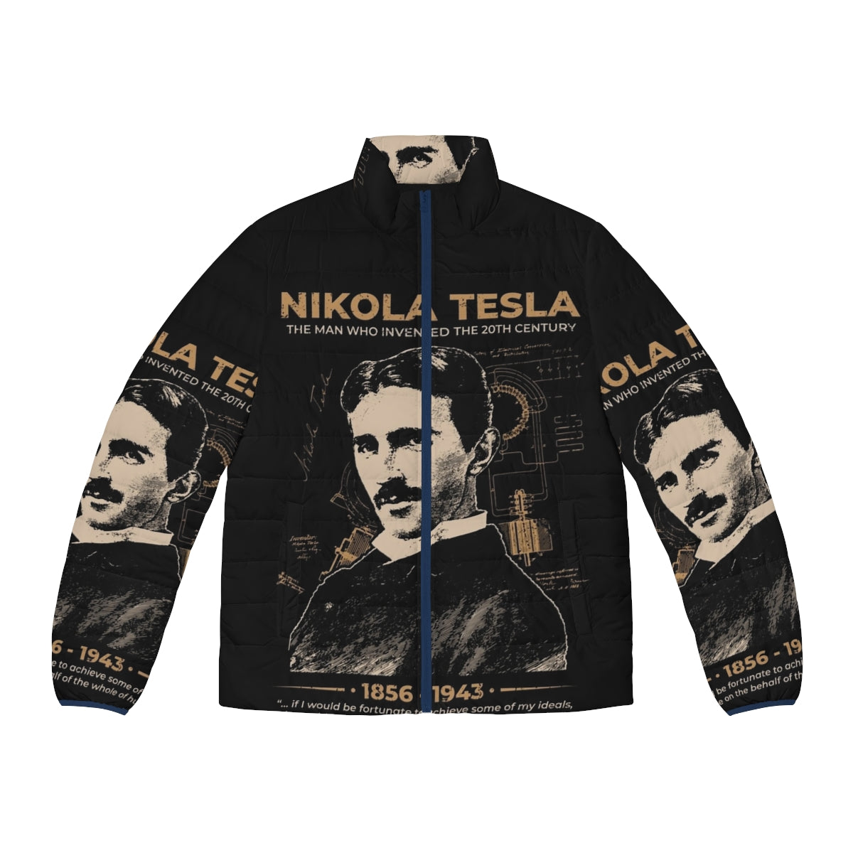 Nikola Tesla inspired puffer jacket featuring his iconic portrait and quotes