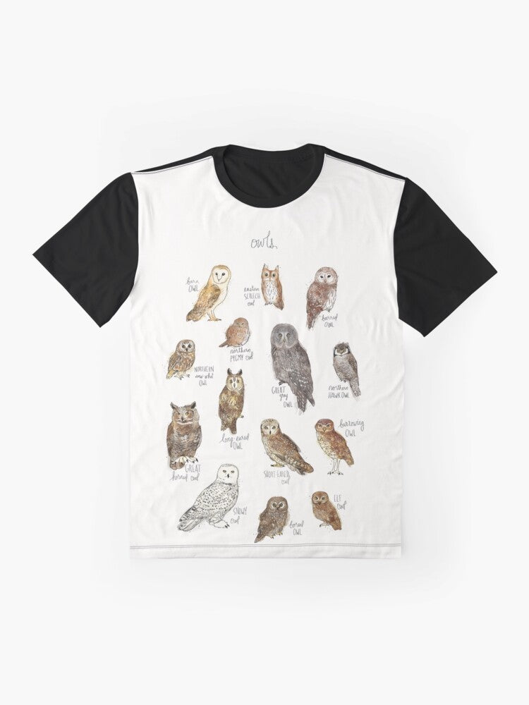 Owls Graphic T-Shirt featuring a colorful illustration of various owl species - Flat lay