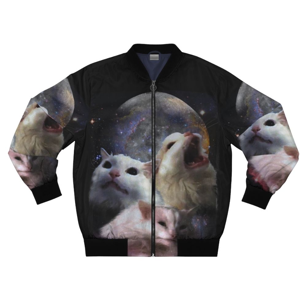 A bomber jacket featuring a graphic design of Thurston the cat on the moon.