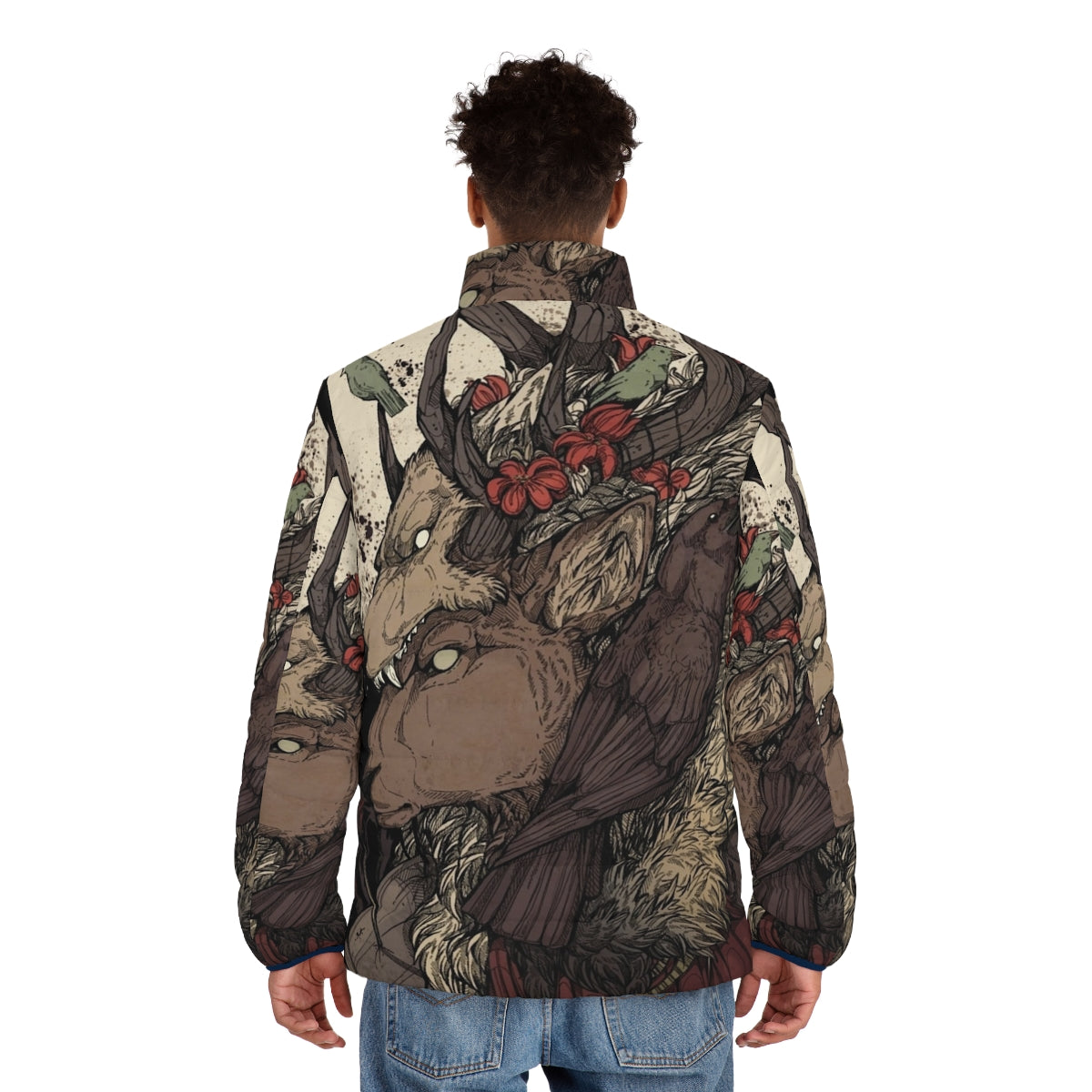 An image of a person wearing a puffer jacket with an elk design. - men back