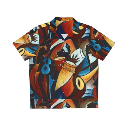 Vibrant Acrylic Hawaiian Shirt with Conga Drums and Jazz Music