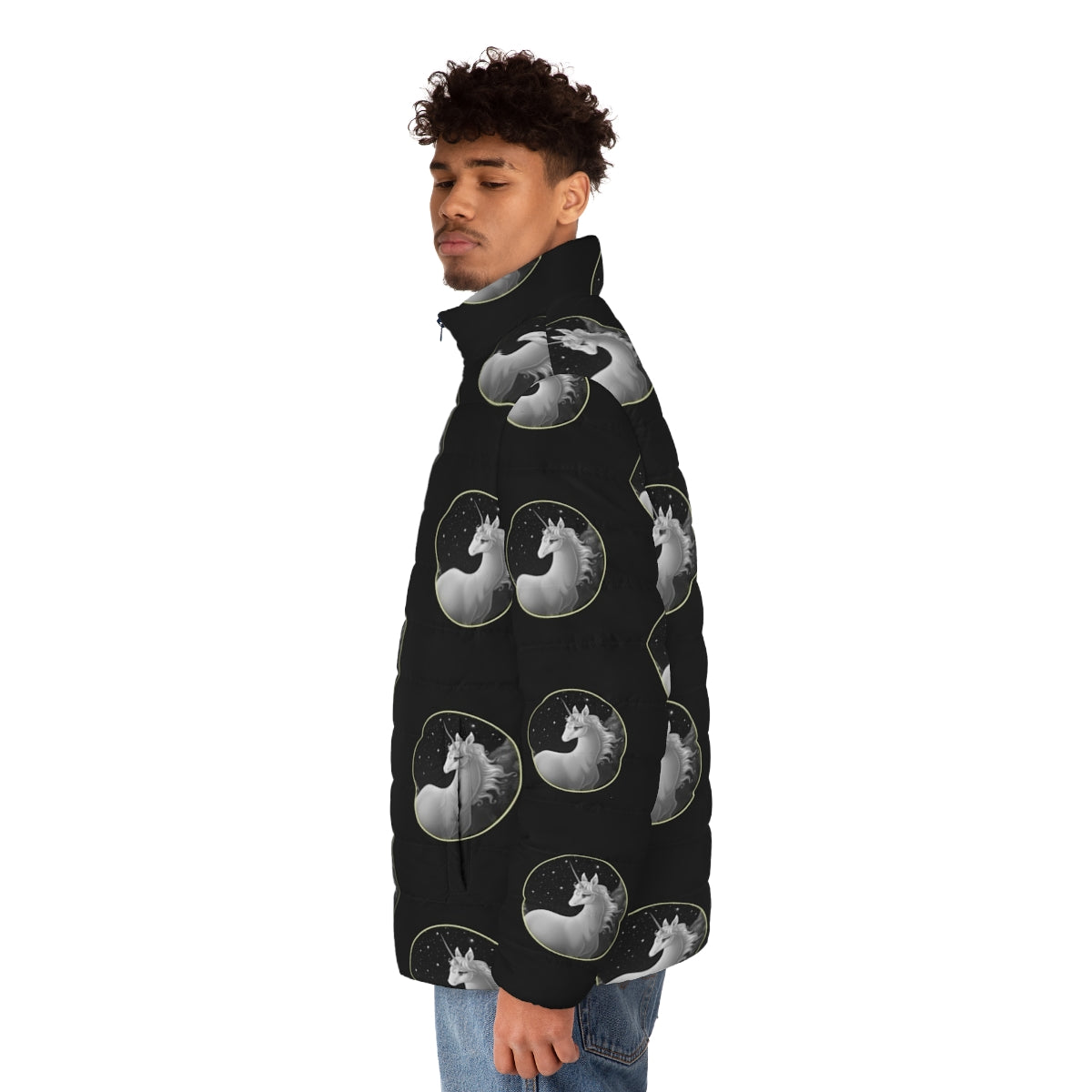 The Last Unicorn Illustration Puffer Jacket featuring a whimsical unicorn design - men side left